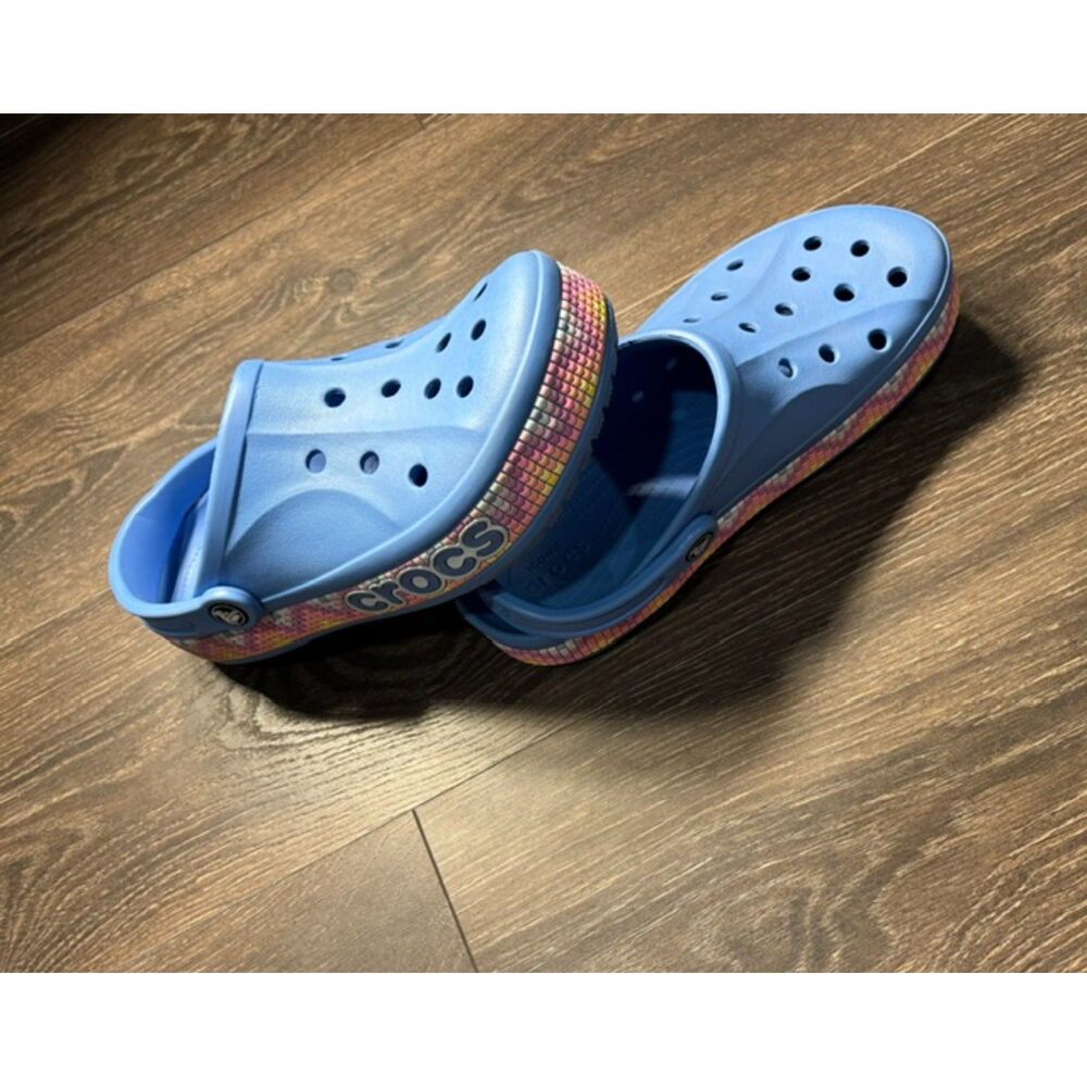 Crocs Blue Classic Clogs Rainbow Woven Mosaic Slip On Shoes Mens 8 Womens 10